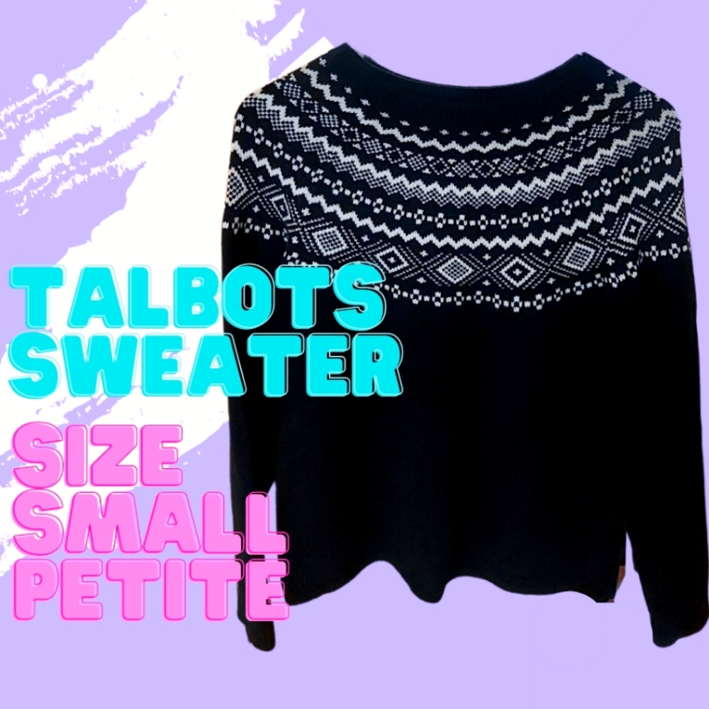 TALBOTS Petite Small Black and White Crew Neck Sweater